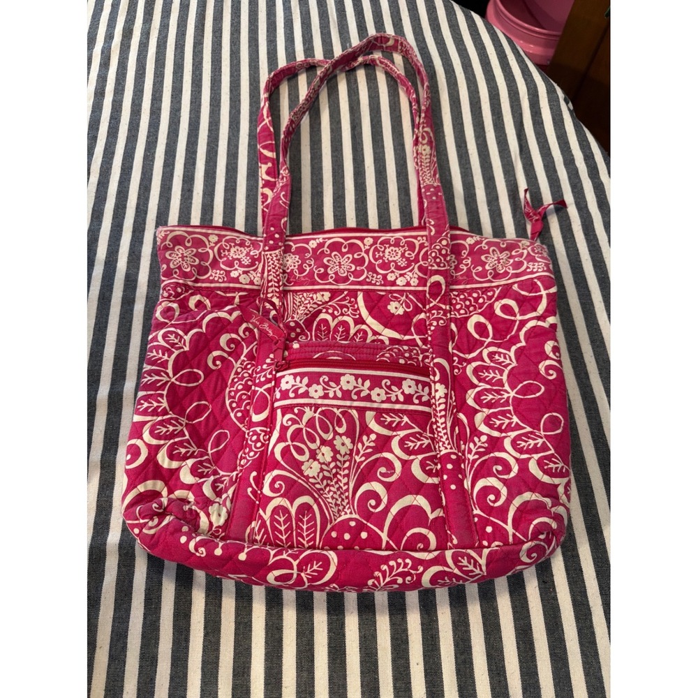 Vera Bradley Pink White Floral Paisley Quilted Cotton Zip Tote Shoulder Bag